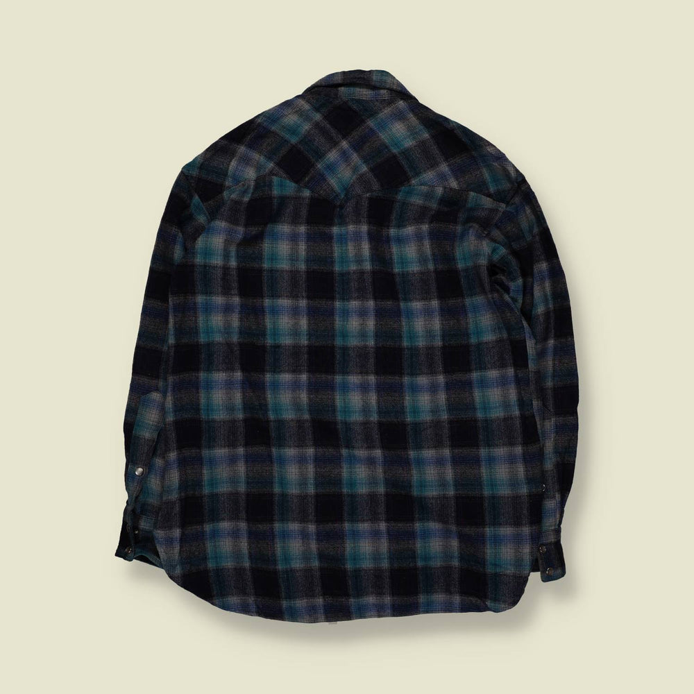 1970s | Pendleton | Western Snap Shirt | Blue Green Plaid | Made In USA - XL