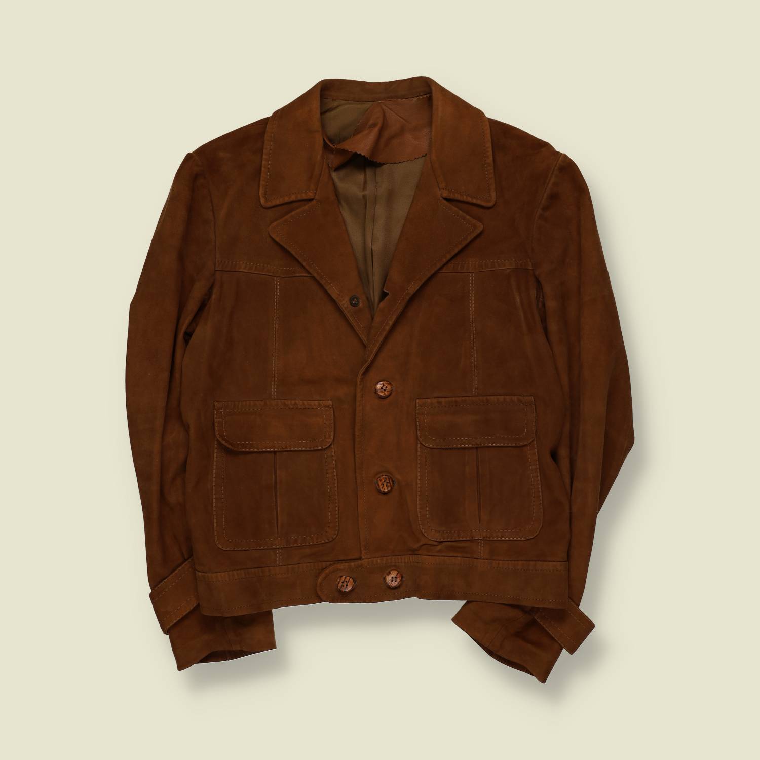 1960s–1970s | Suede Leather Jacket | Wooden Button Front | Tan - XS