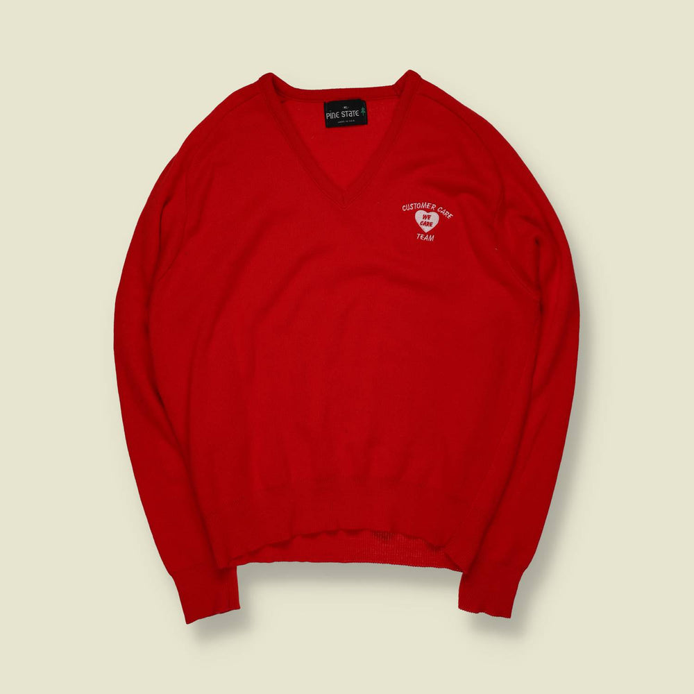 1970s | Pine State | V-Neck Knit | Red | Made In USA – L