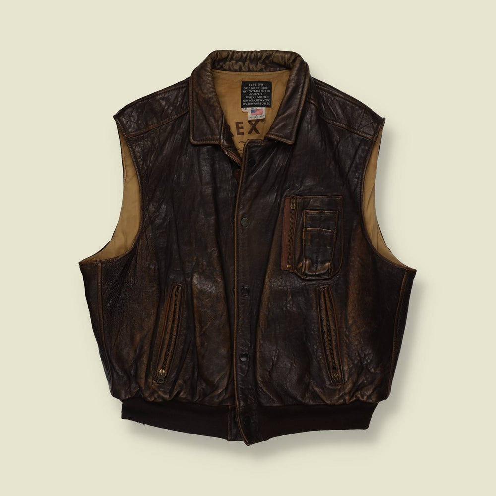 1980s | Avirex | Made In USA | B-9 Leather Vest | Brown - XXXL