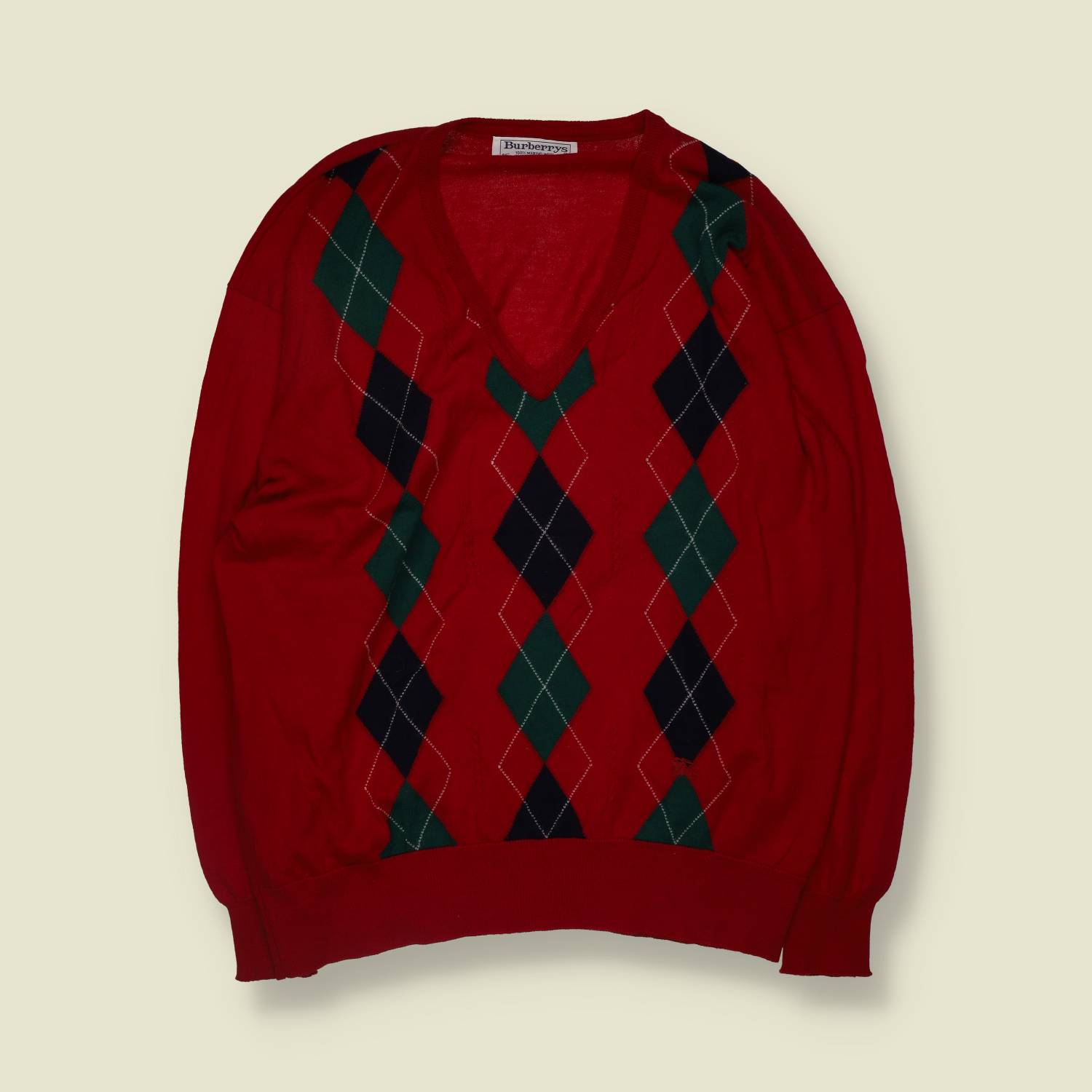 1980s | Burberrys | Made In Scotland | Merino Wool Argyle Jumper | Red - XXL