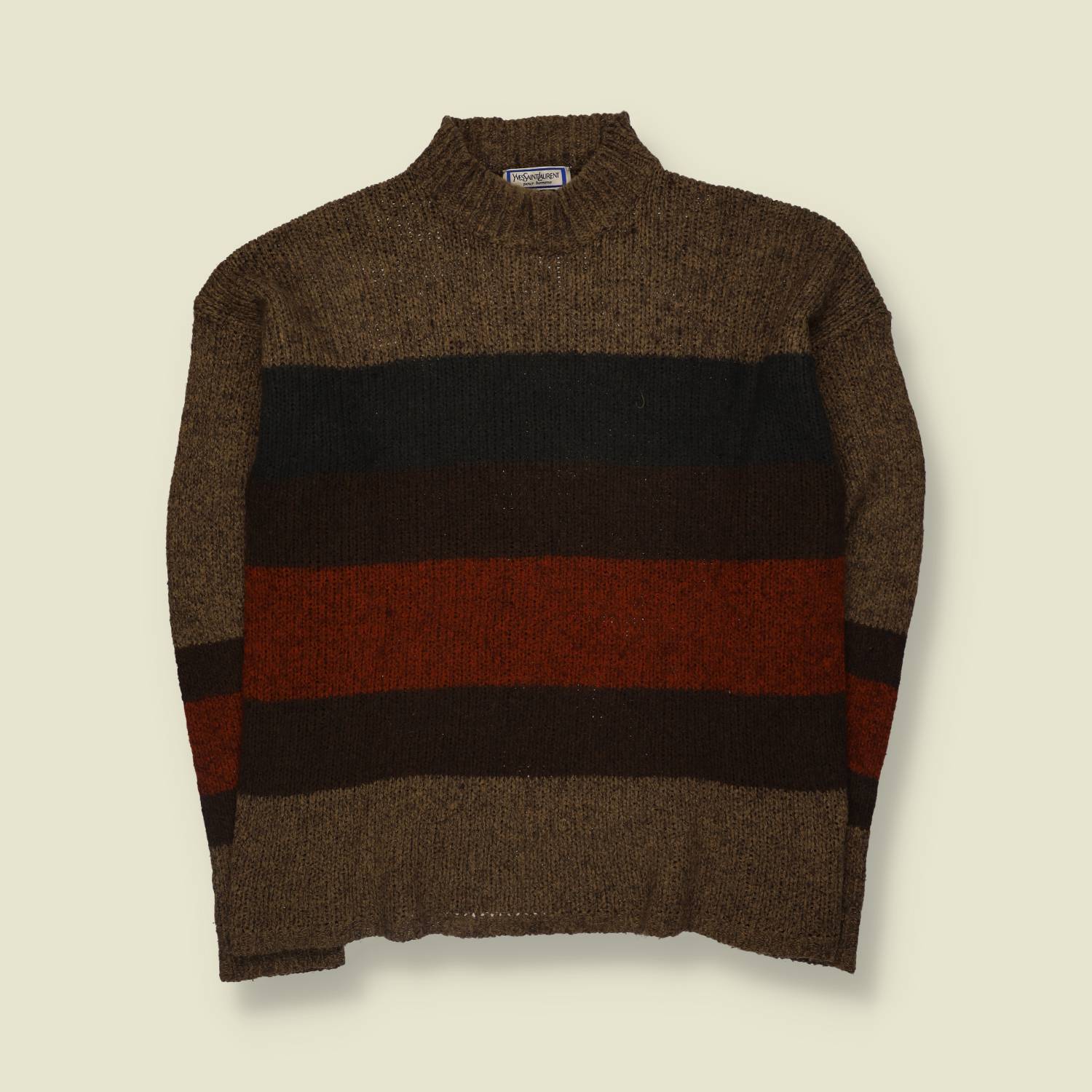 1980s | Yves Saint Laurent | Made In Italy | Striped Knit Jumper | Brown - XL