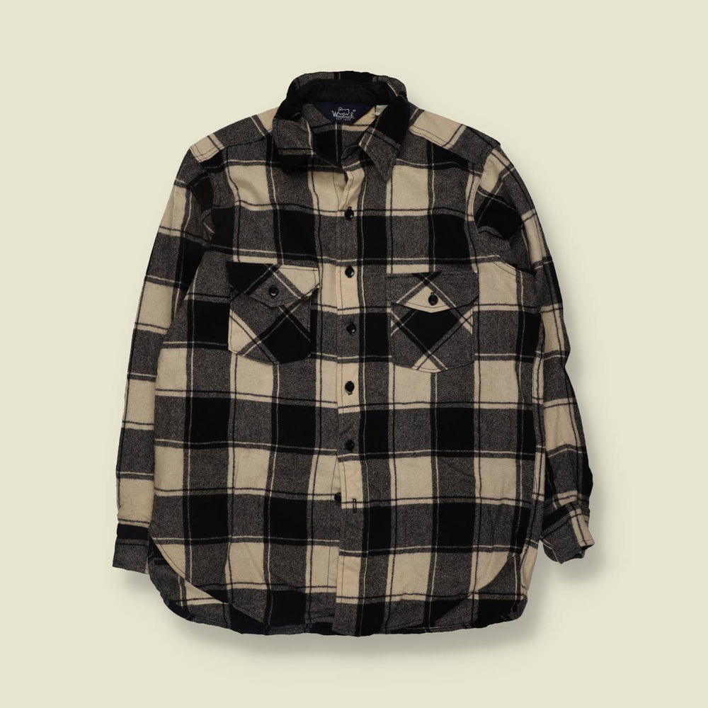 1990s | Woolrich | Wool Shirt | Black And Cream Plaid - L