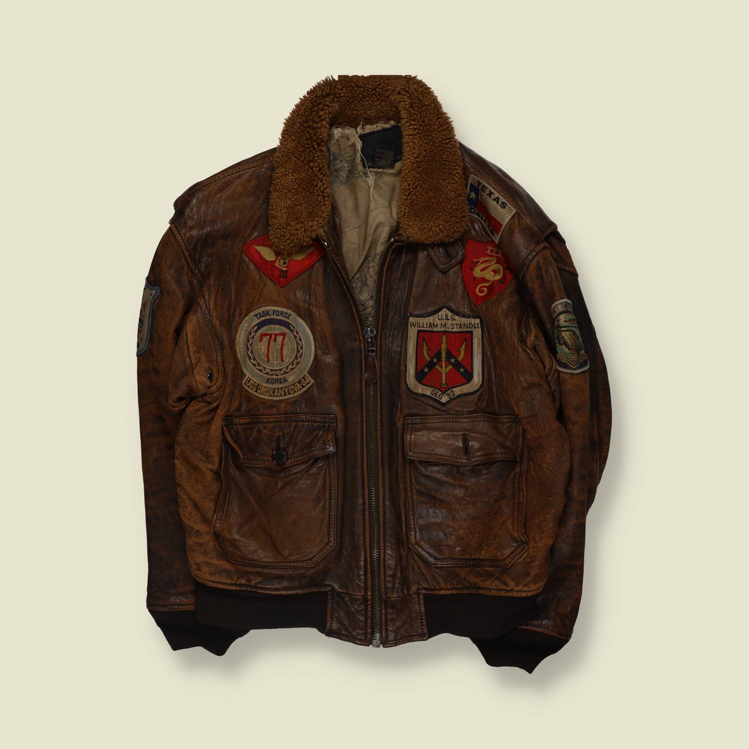 1980s | Avirex | Patched Leather Flight Jacket | Brown - XXL