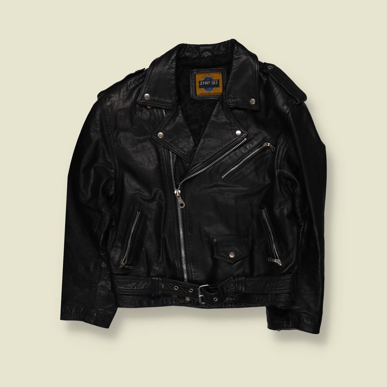 1980s | John F. Gee | Heavy Leather Biker Jacket | Black - XL