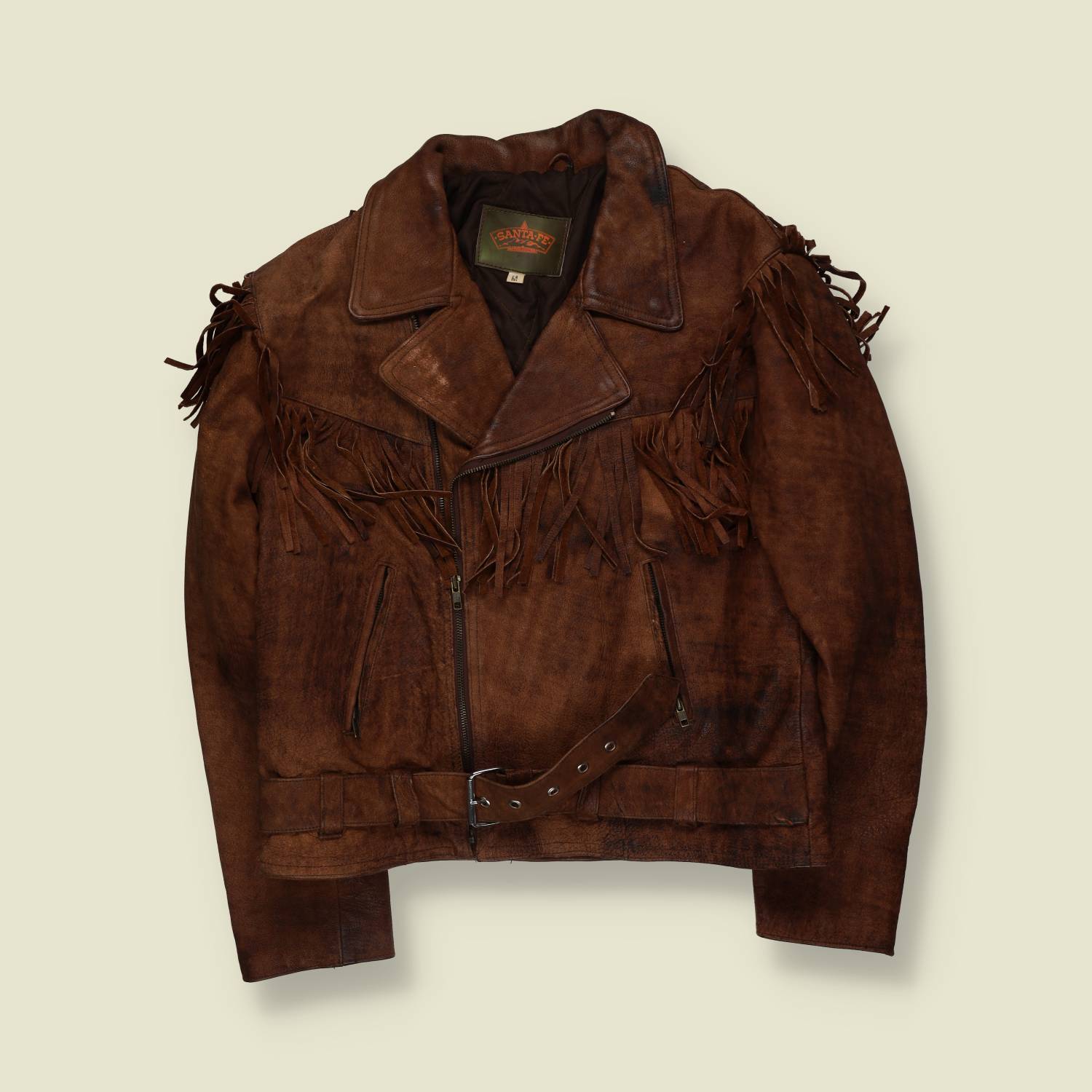 1980s | Santa Fe | Western Fringe Leather Biker Jacket | Brown - L