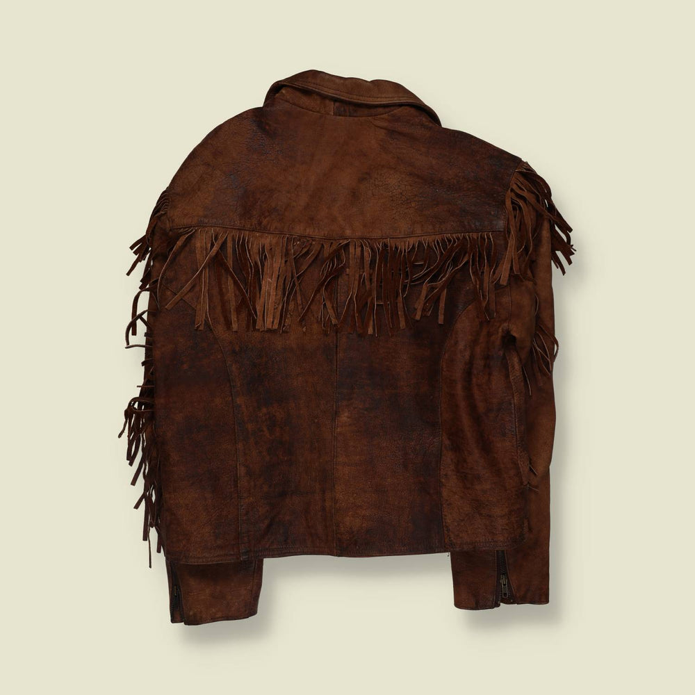 1980s | Santa Fe | Western Fringe Leather Biker Jacket | Brown - L