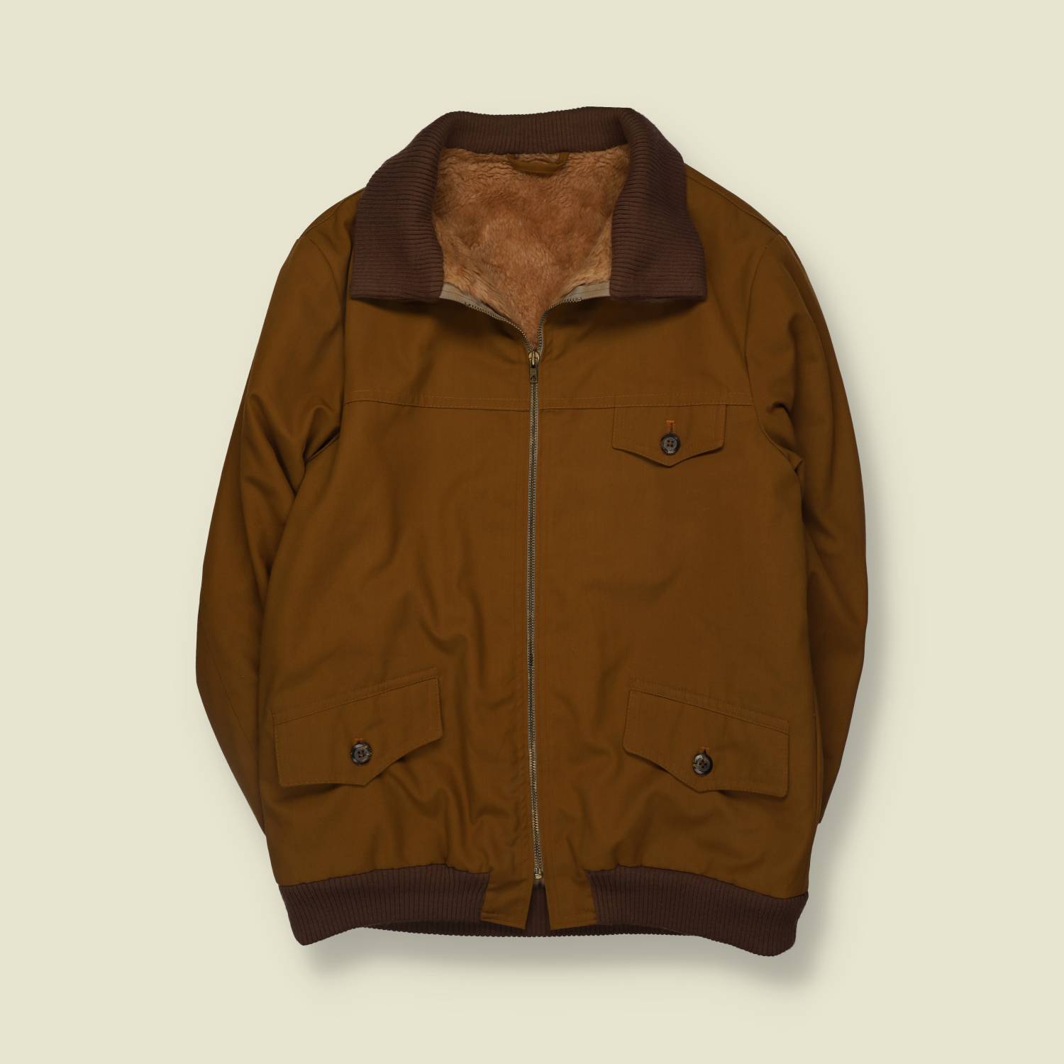 1970s | Teddy Lined Bomber Jacket | Tan Brown - L