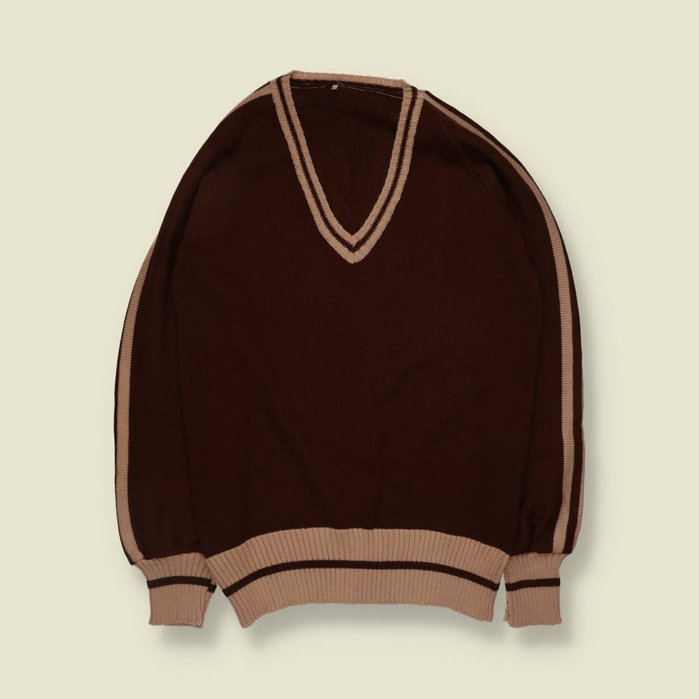 1970s | V-Neck Knit Jumper | Brown And Cream - XXS