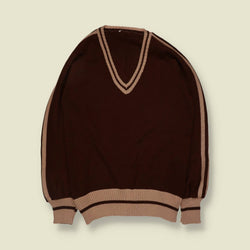 1970s | V-Neck Knit Jumper | Brown And Cream - XXS