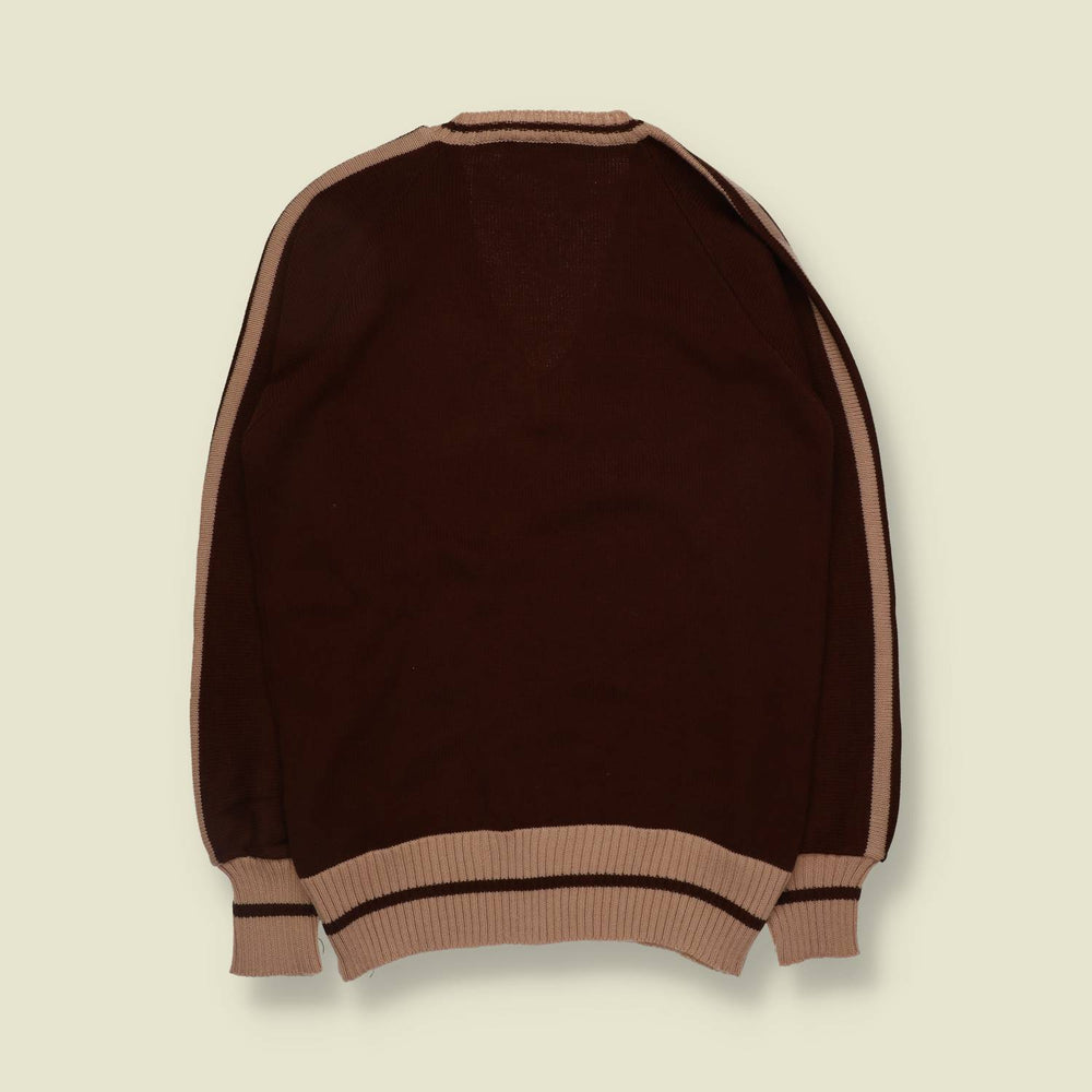 1970s | V-Neck Knit Jumper | Brown And Cream - XXS