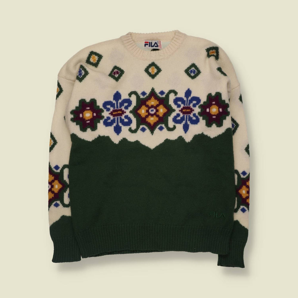 1980s | Fila | Patterned Knit Jumper | Green And Cream - S