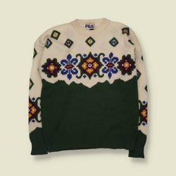 1980s | Fila | Patterned Knit Jumper | Green And Cream - S