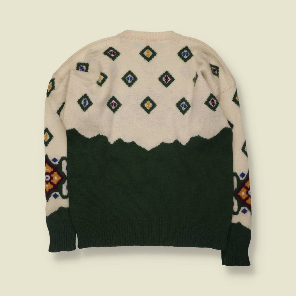1980s | Fila | Patterned Knit Jumper | Green And Cream - S