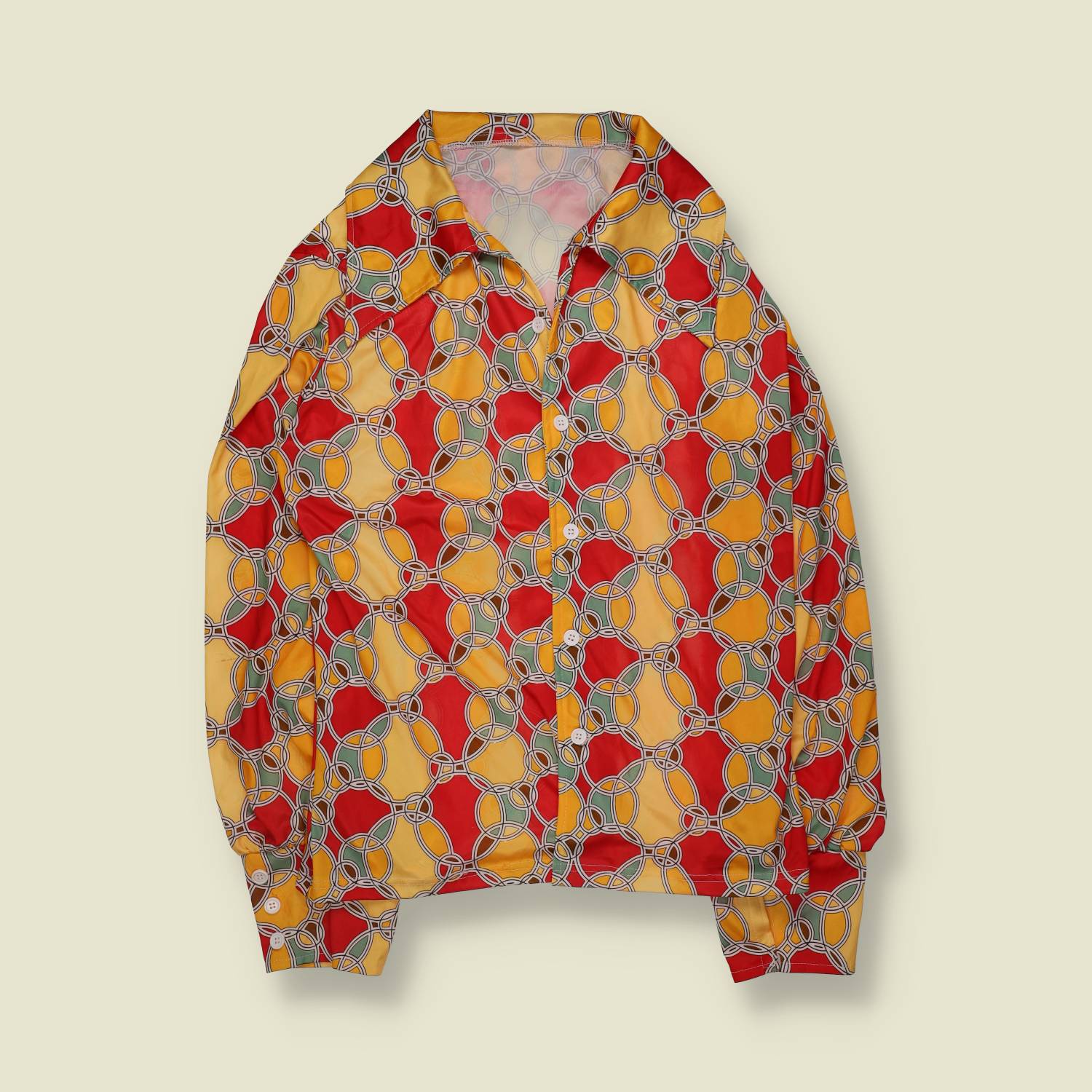 1990s | Retro Print Polyester Shirt | Red Yellow And Green - L