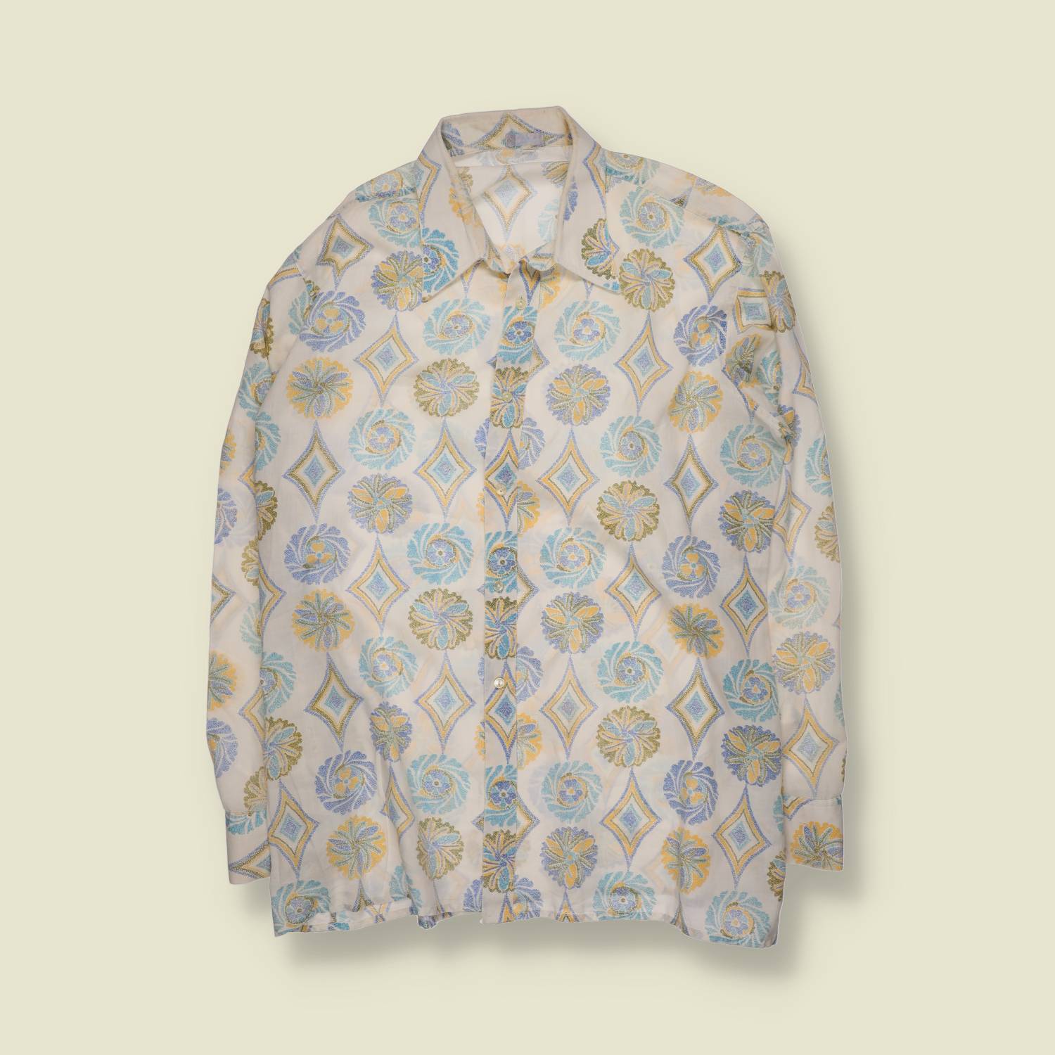 1970s | Cotton Blend Print Shirt | White Multi - M