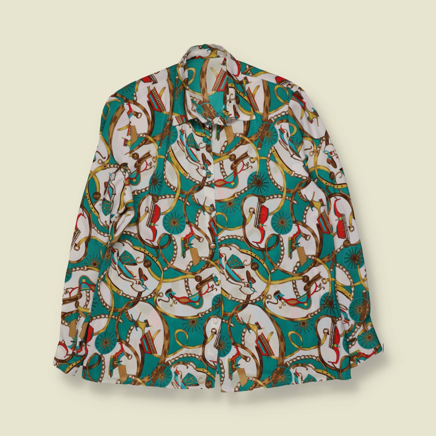 1980s | Baroque Print Blouse | Teal & White - 14