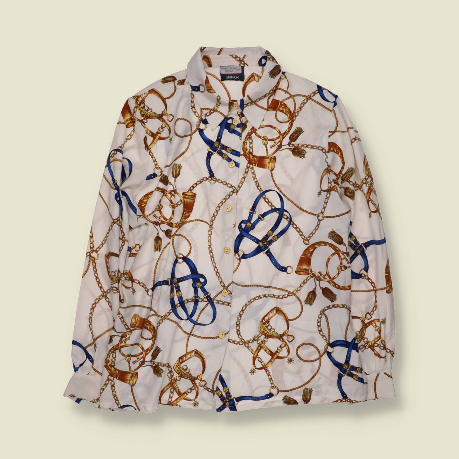 1980s | Griffon | Baroque Print Blouse | White & Navy - 18