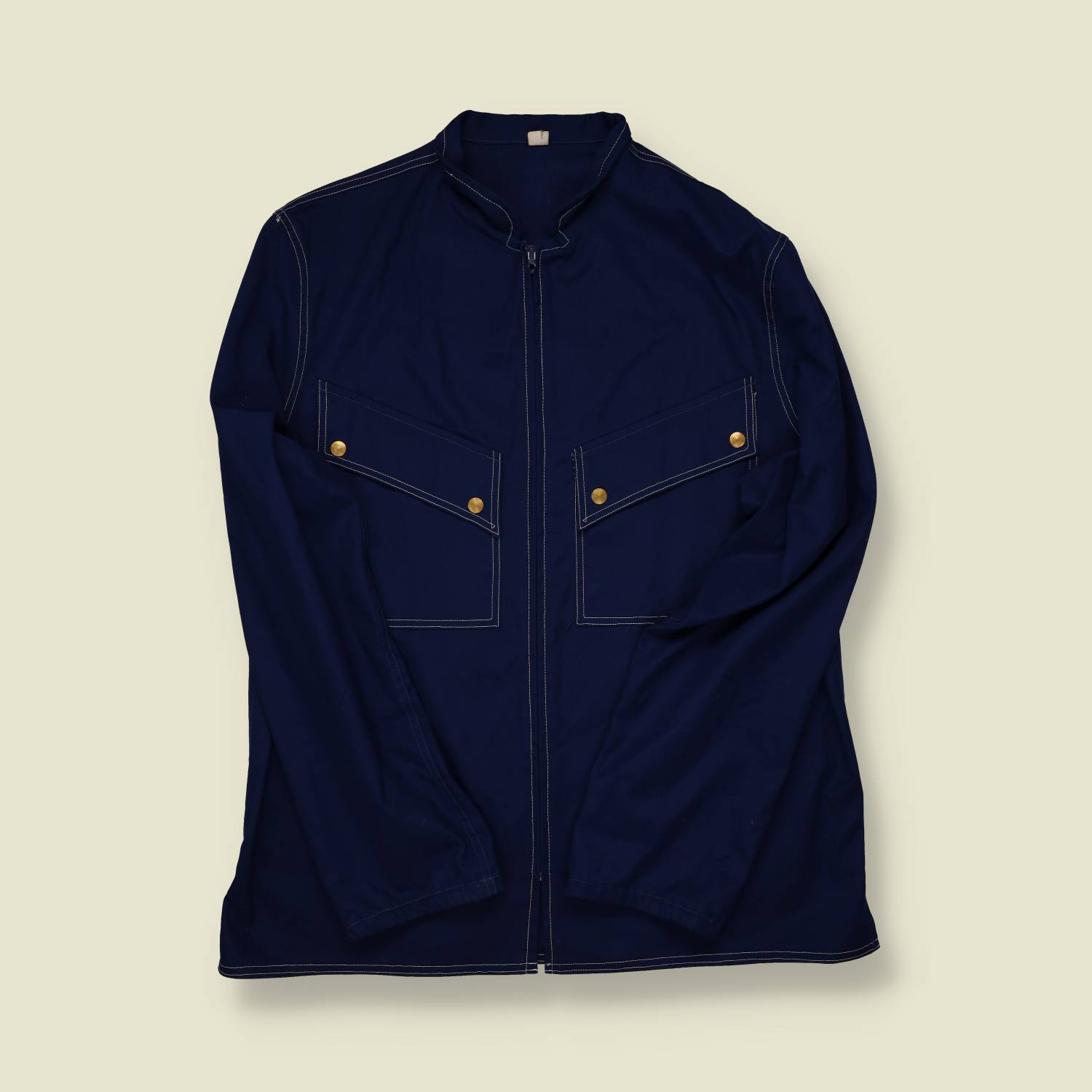 1970s Navy Zip-Front Chore Jacket with Contrast Stitching - XL