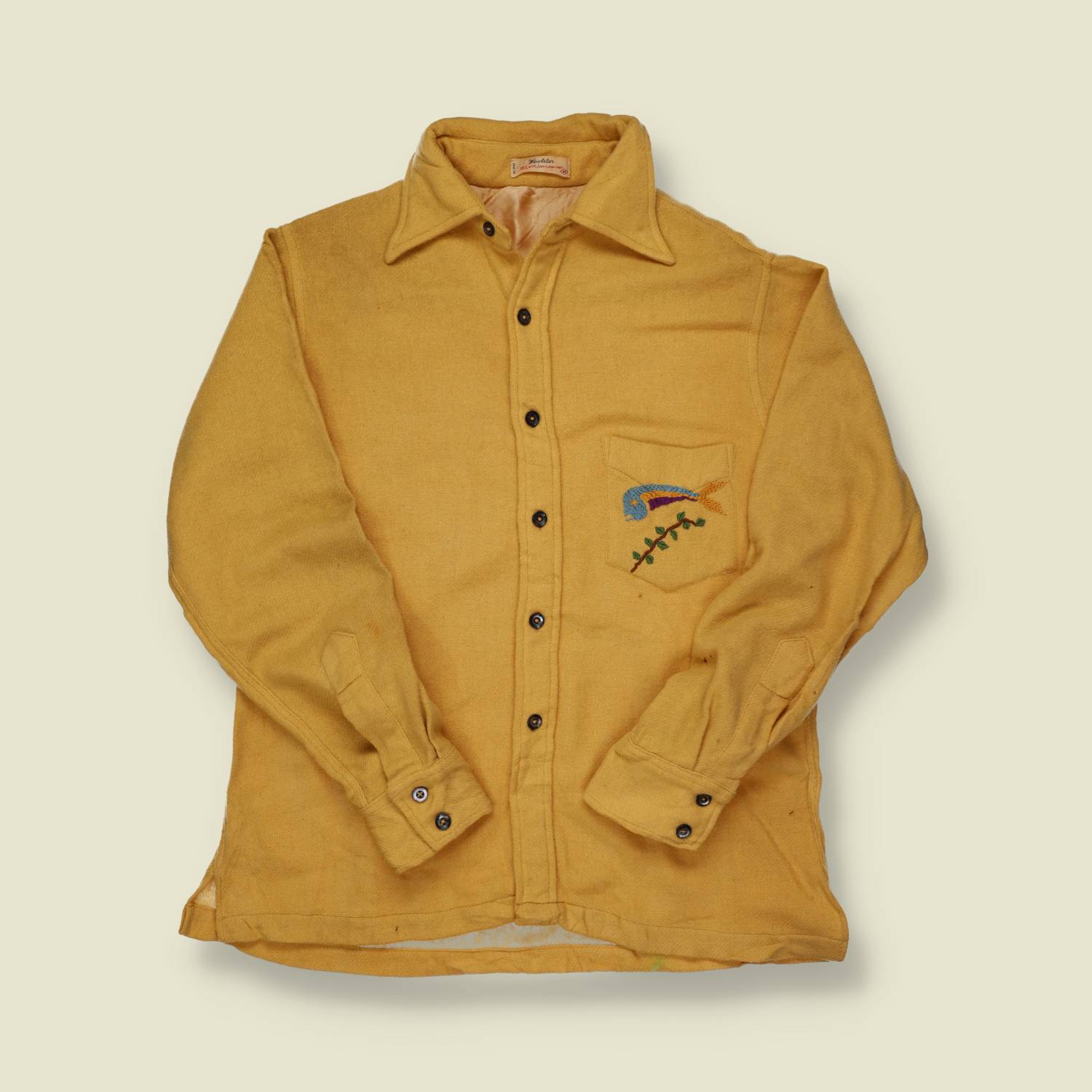 1970s Woodster Wool Outdoor Shirt with Embroidered Fish - S/M