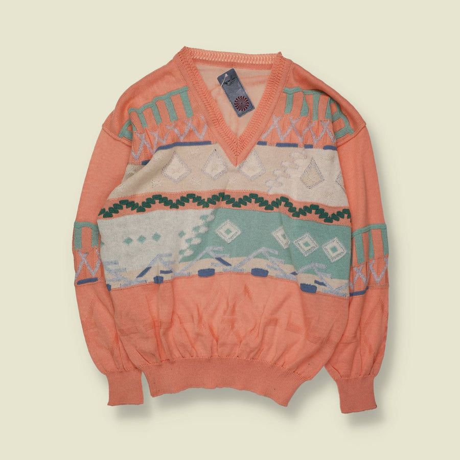 1980s | New Line | V-Neck Knit | Peach & Sage | Deadstock - XL