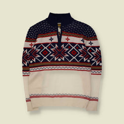 1990s | Atlas For Men | Fair Isle Quarter-Zip Knit | Navy & Cream - M