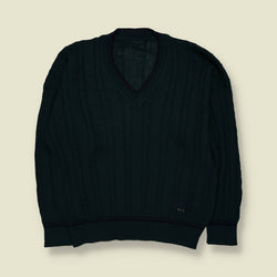 1980s | Cable Knit V-Neck | Green - L