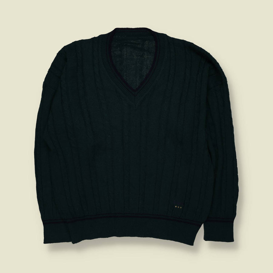 1980s | Cable Knit V-Neck | Green - L