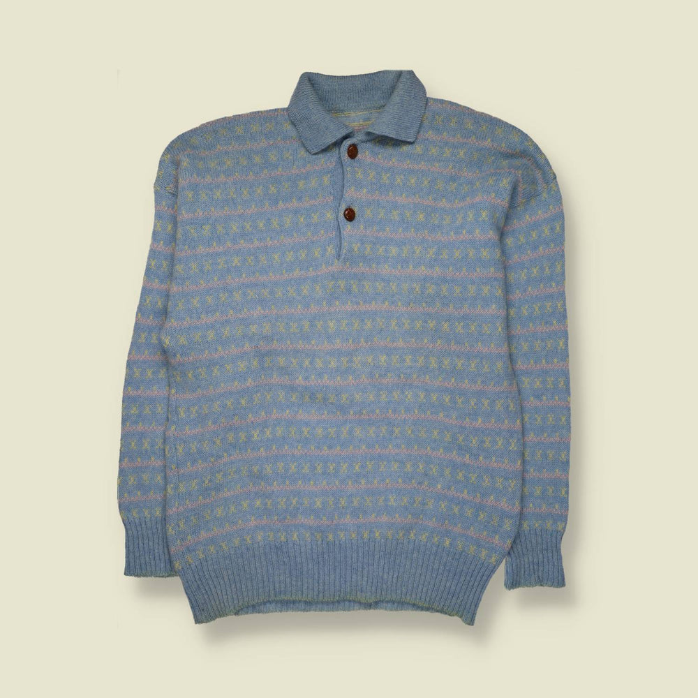 1980s | Fair Isle Collared Knit | Blue Multi - M