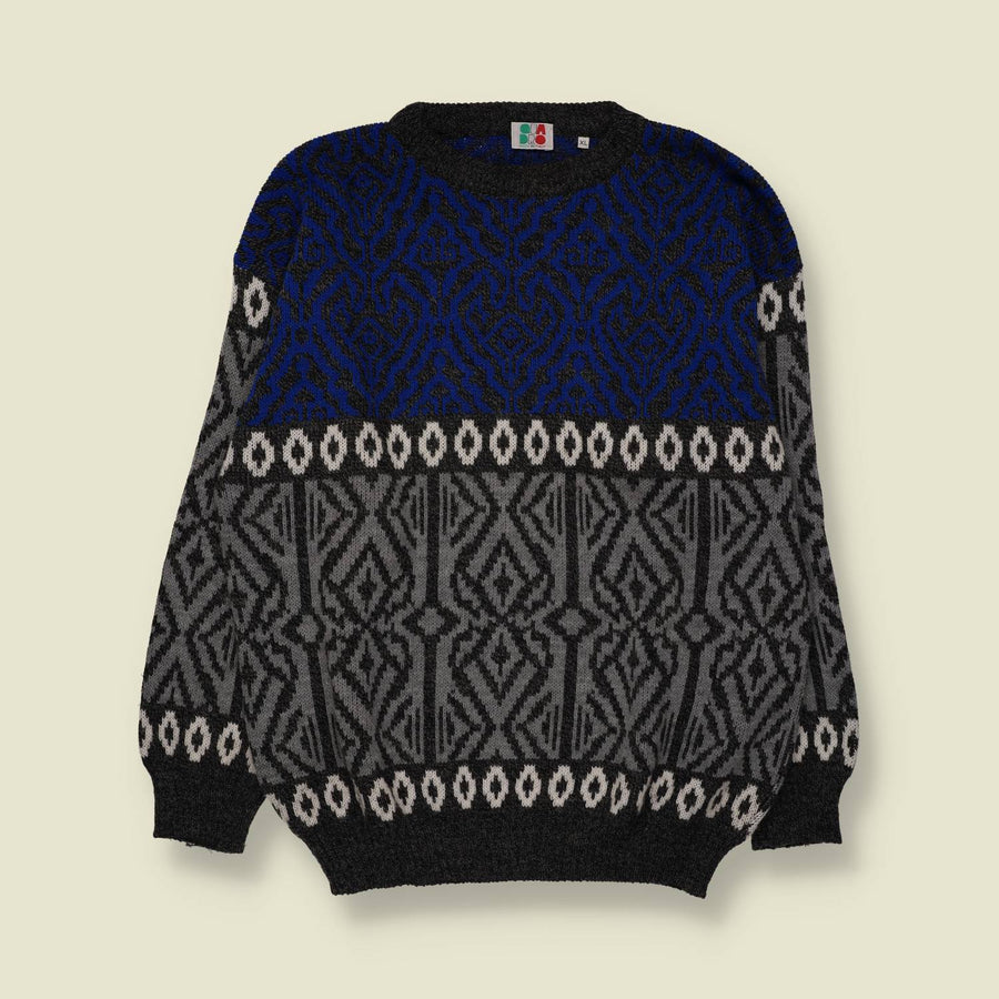1980s | Quadro | Aztec Knit | Blue Grey & Black | Made in Italy - XL
