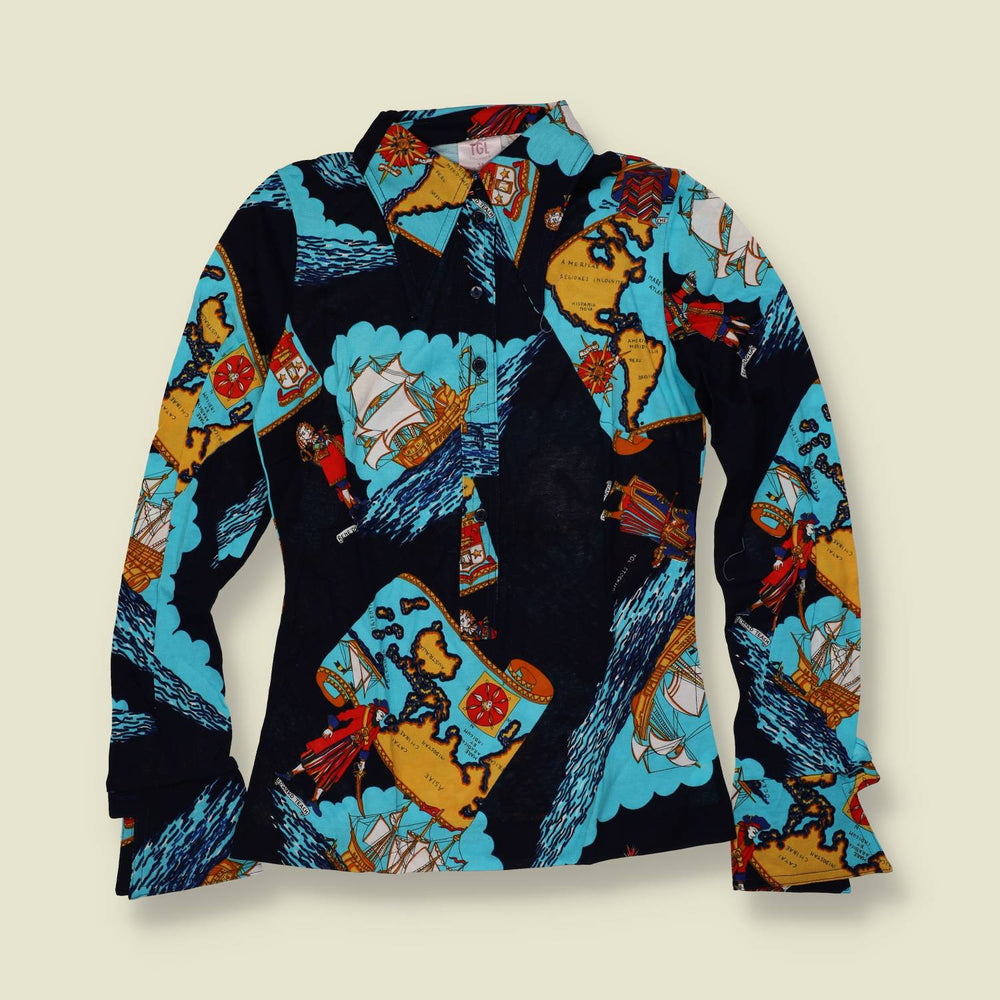 1970s | TGL | Deadstock Pirate Map Blouse | Black Multi - 6