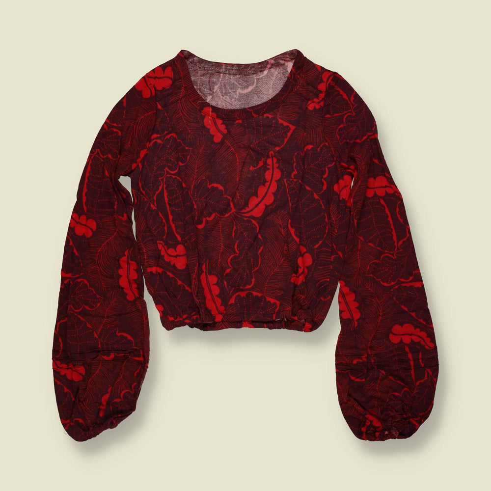 1970s | Deadstock Floral Balloon Sleeve Blouse | Red & Burgundy - 8