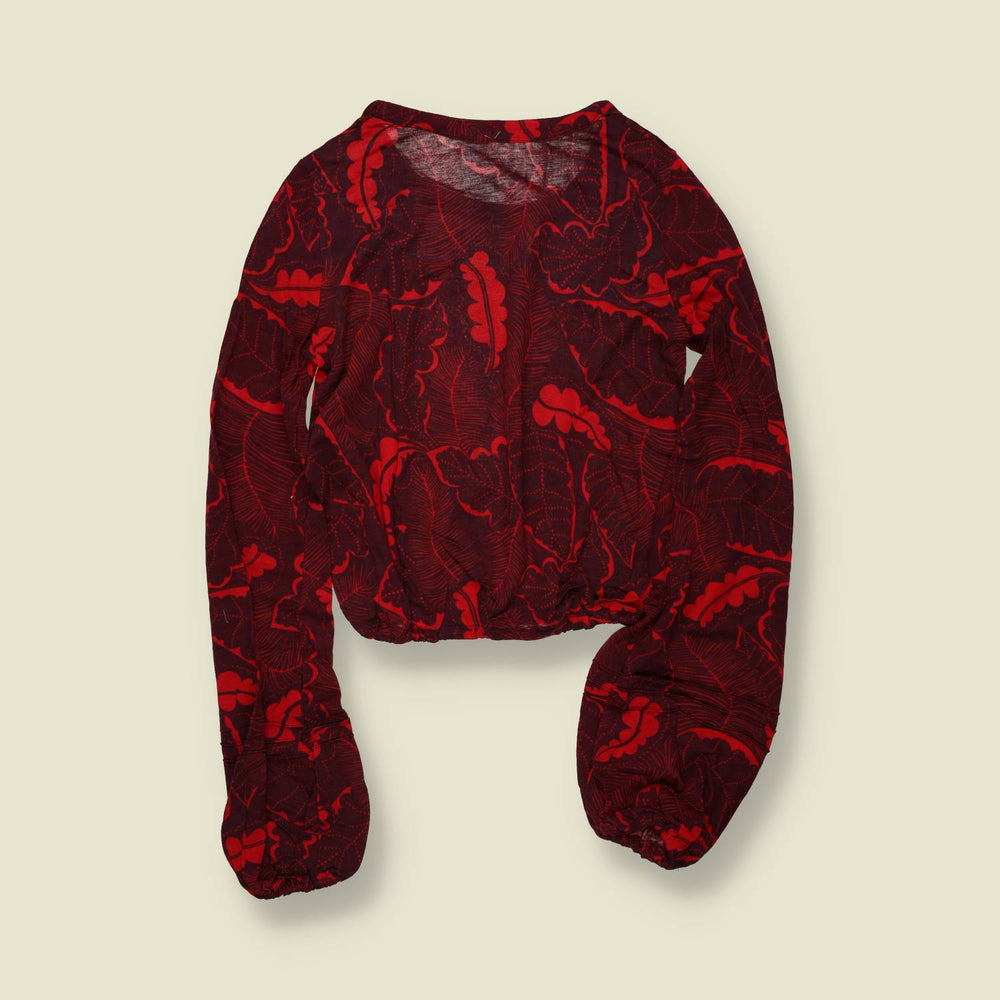 1970s | Deadstock Floral Balloon Sleeve Blouse | Red & Burgundy - 8