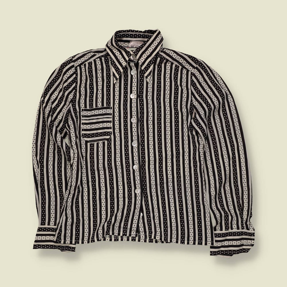 1970s | Stripe & Polka Dot Blouse | Black & Cream - 10