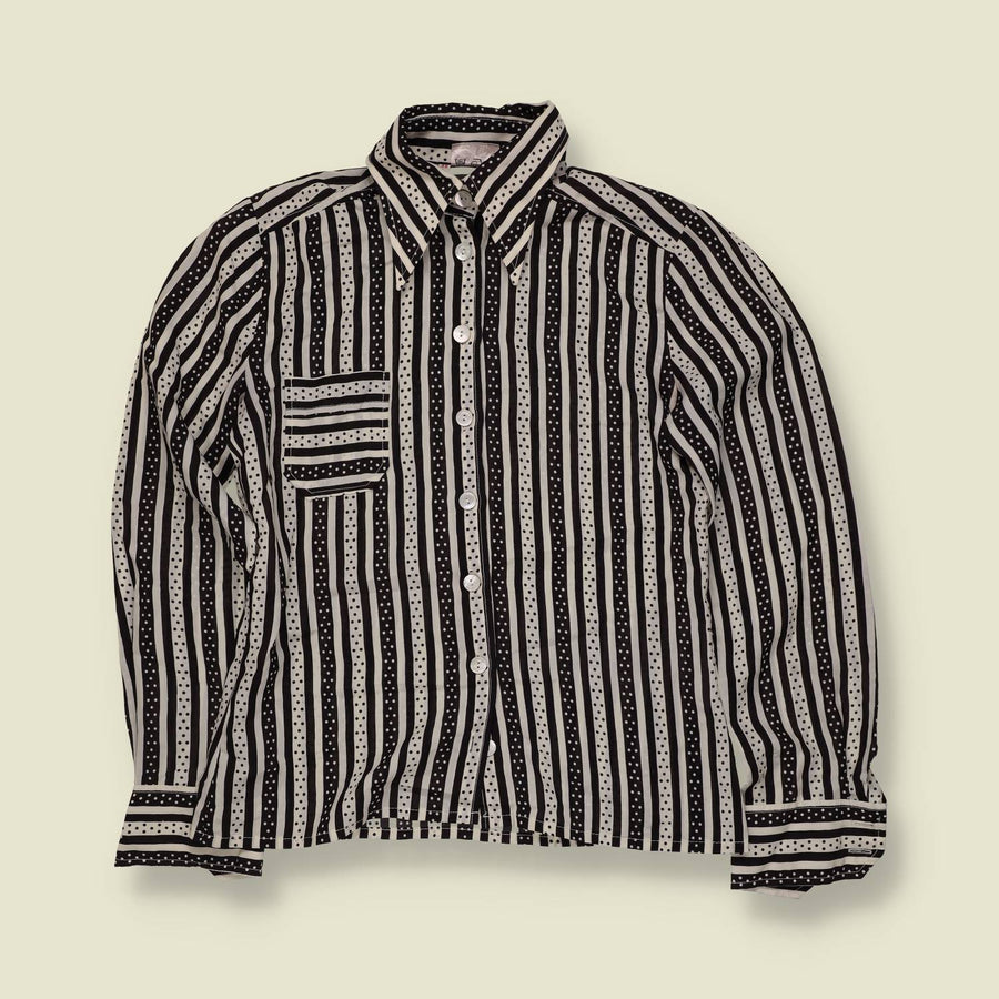 1970s | Stripe & Polka Dot Blouse | Black & Cream - 10