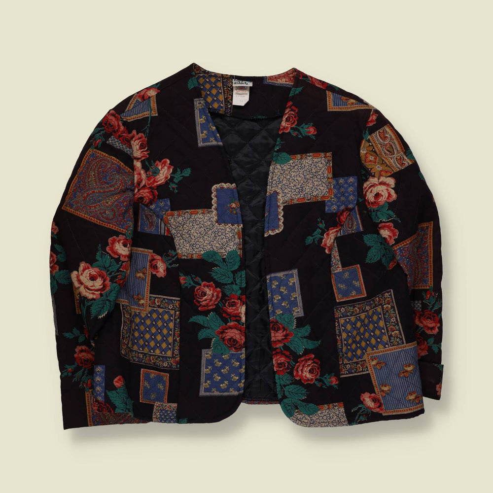 1980s | Quilted Patchwork Floral Open Jacket | Black Multi - 18