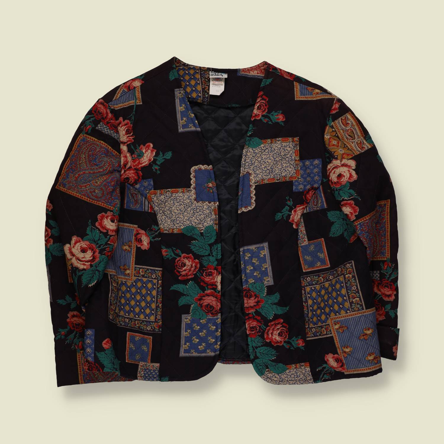 1980s | Quilted Patchwork Floral Open Jacket | Black Multi - 18