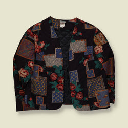1980s | Quilted Patchwork Floral Open Jacket | Black Multi - 18