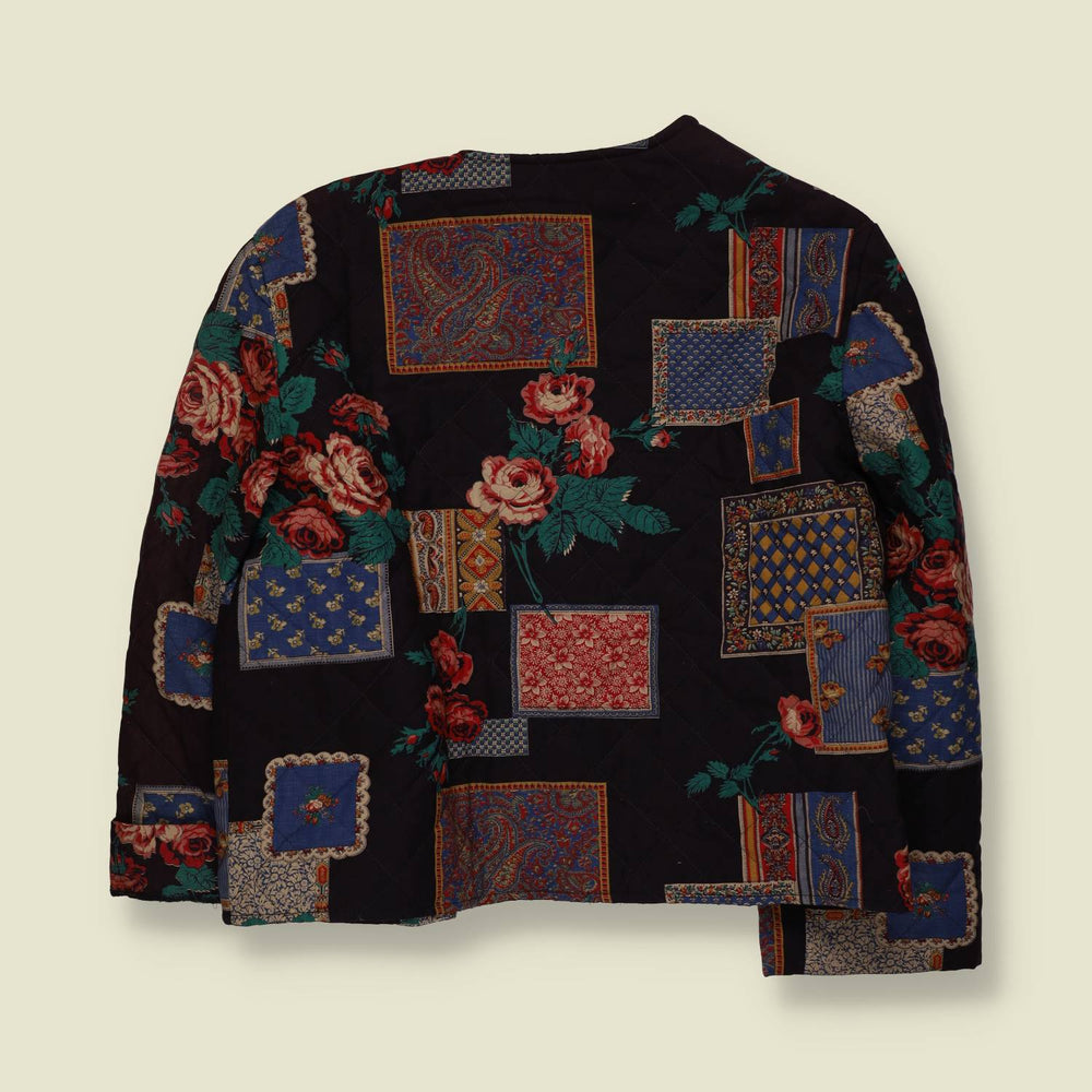 1980s | Quilted Patchwork Floral Open Jacket | Black Multi - 18