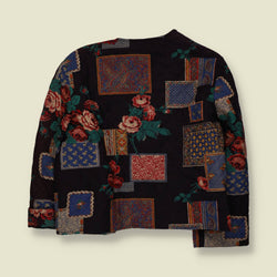 1980s | Quilted Patchwork Floral Open Jacket | Black Multi - 18