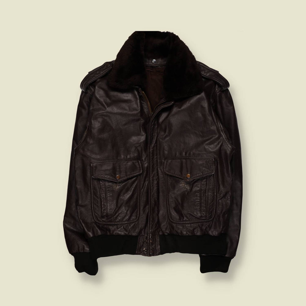 1980s | Black Leather Flight Jacket | Shearling Collar – XL