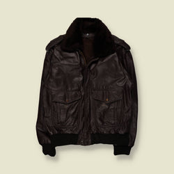 1980s | Black Leather Flight Jacket | Shearling Collar – XL