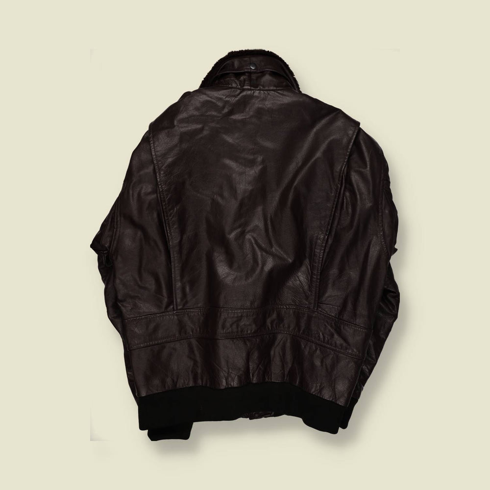 1980s | Black Leather Flight Jacket | Shearling Collar – XL