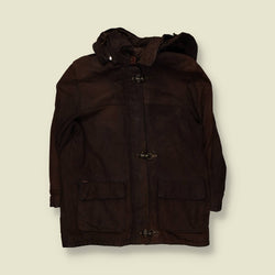 1980s–1990s | Suede Leather | Hooded Toggle Coat | Dark Brown – M