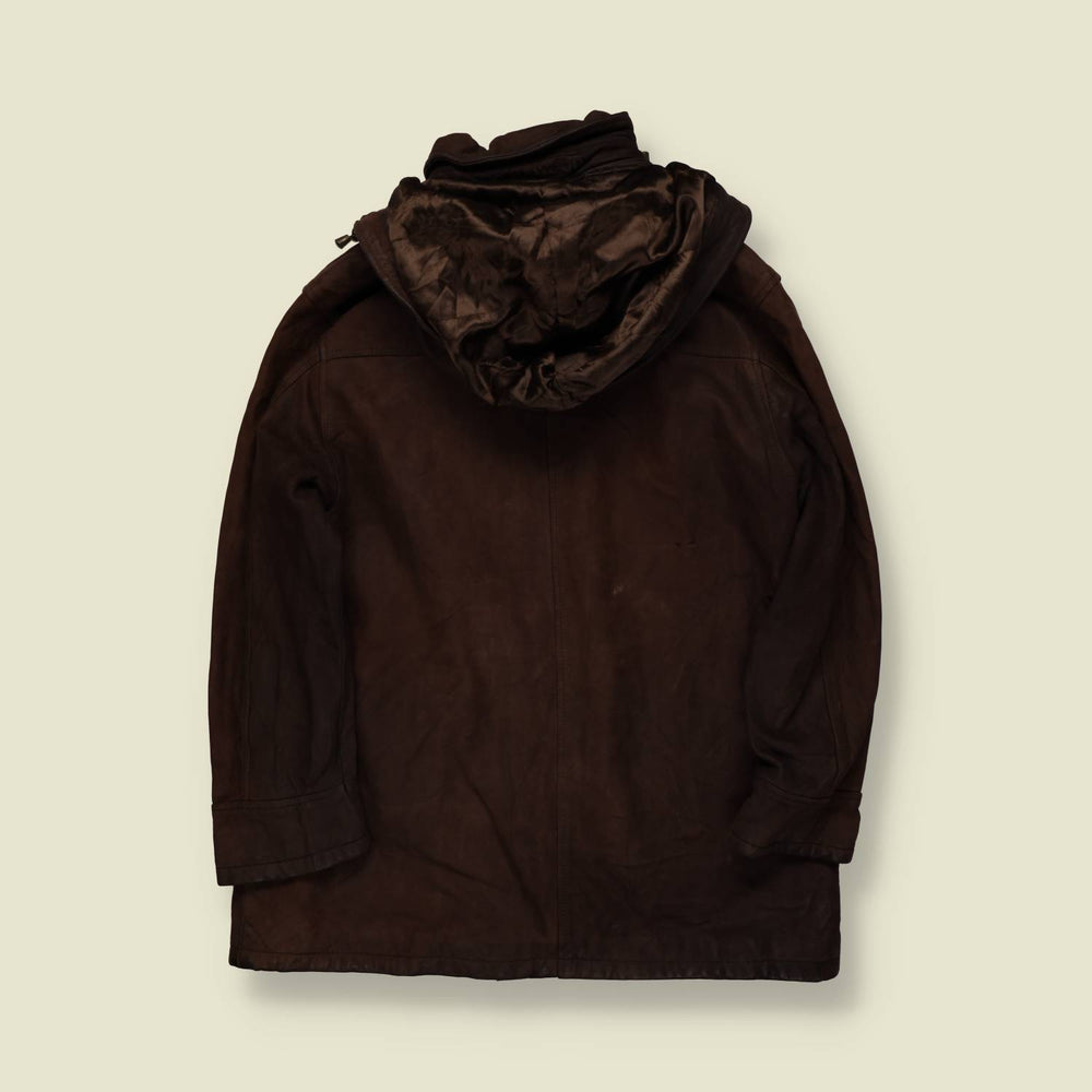 1980s–1990s | Suede Leather | Hooded Toggle Coat | Dark Brown – M