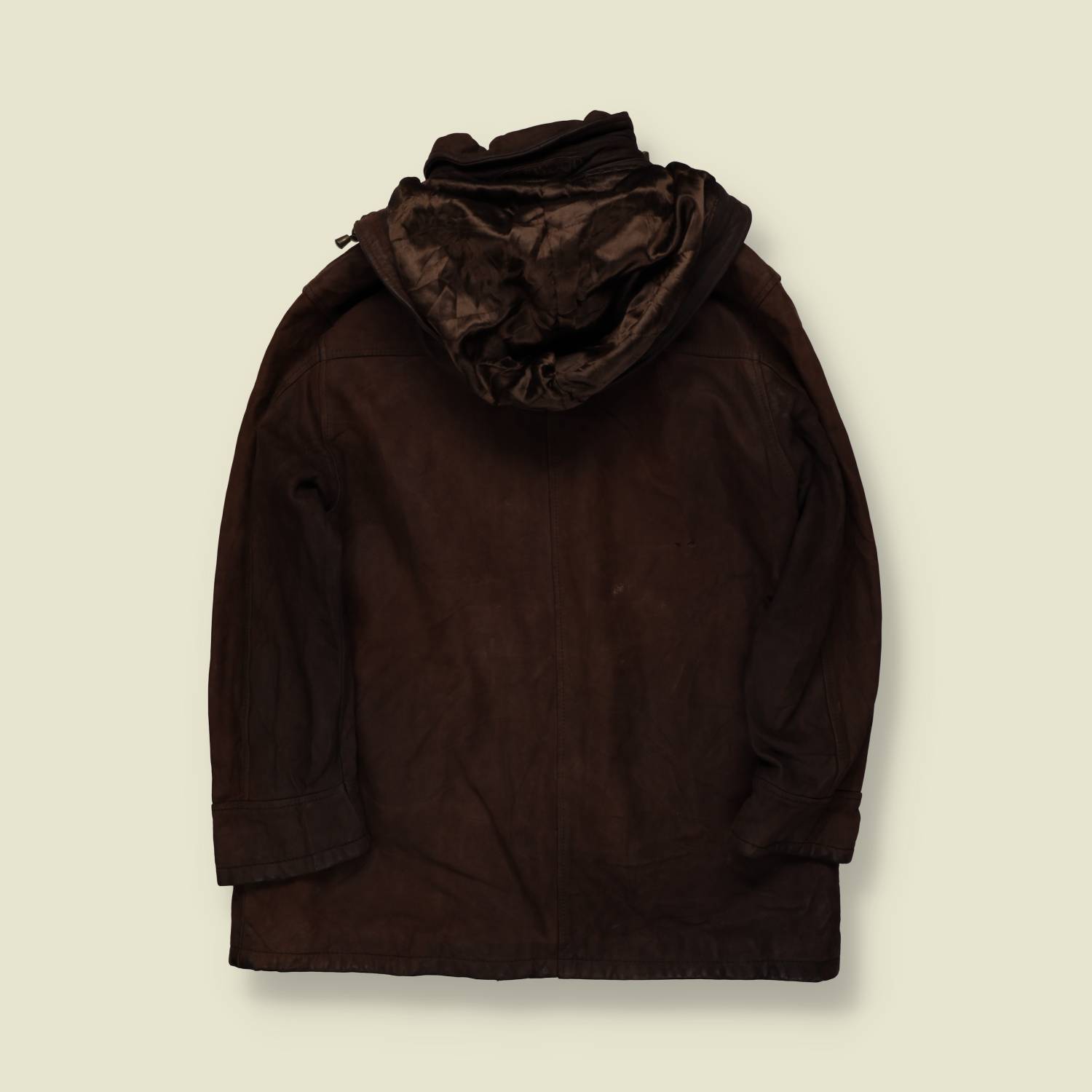 1980s–1990s | Suede Leather | Hooded Toggle Coat | Dark Brown – M