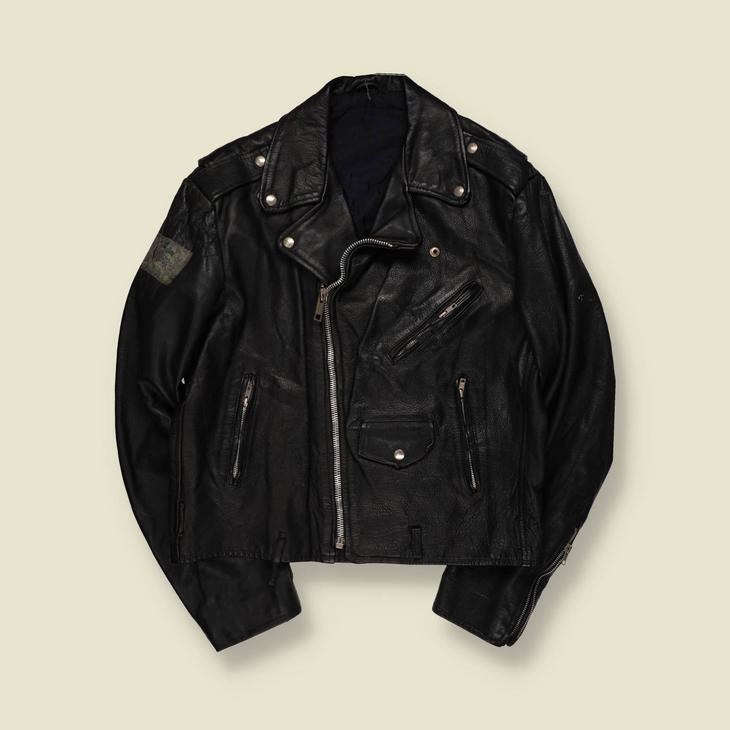 1980s | Leather Biker Jacket | Hand-Painted Back Patch - L