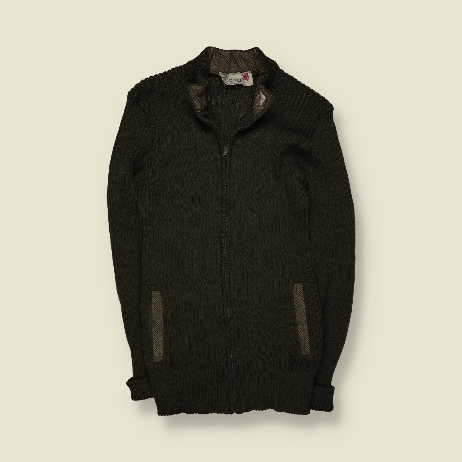 1990s | Ecosse | Military Knit | Olive – Made in Britain – Harris Tweed Details – XS