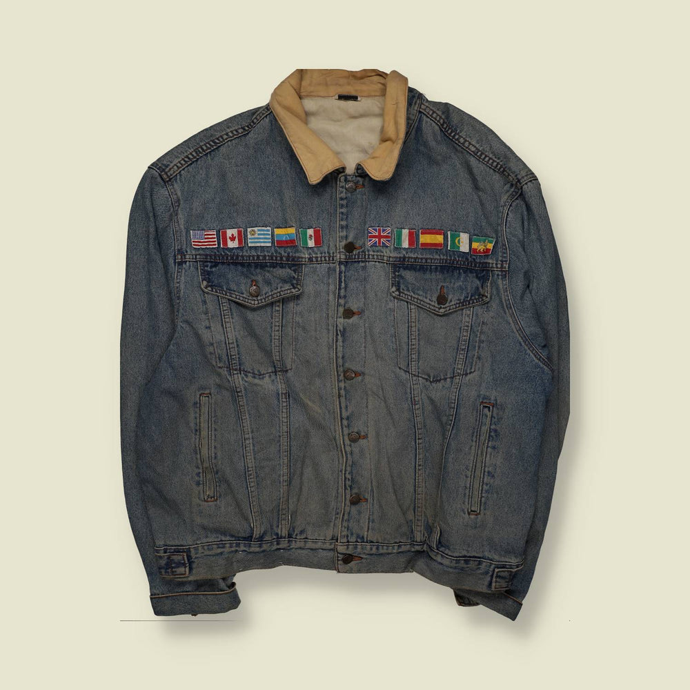 1980s | Custom Denim Jacket | “One World” Embroidered | Blue – XXXXL