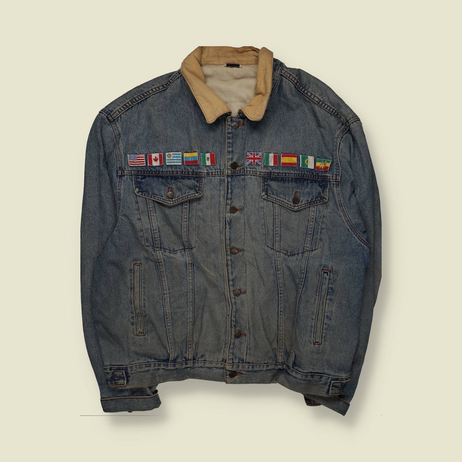 1980s | Custom Denim Jacket | “One World” Embroidered | Blue – XXXXL